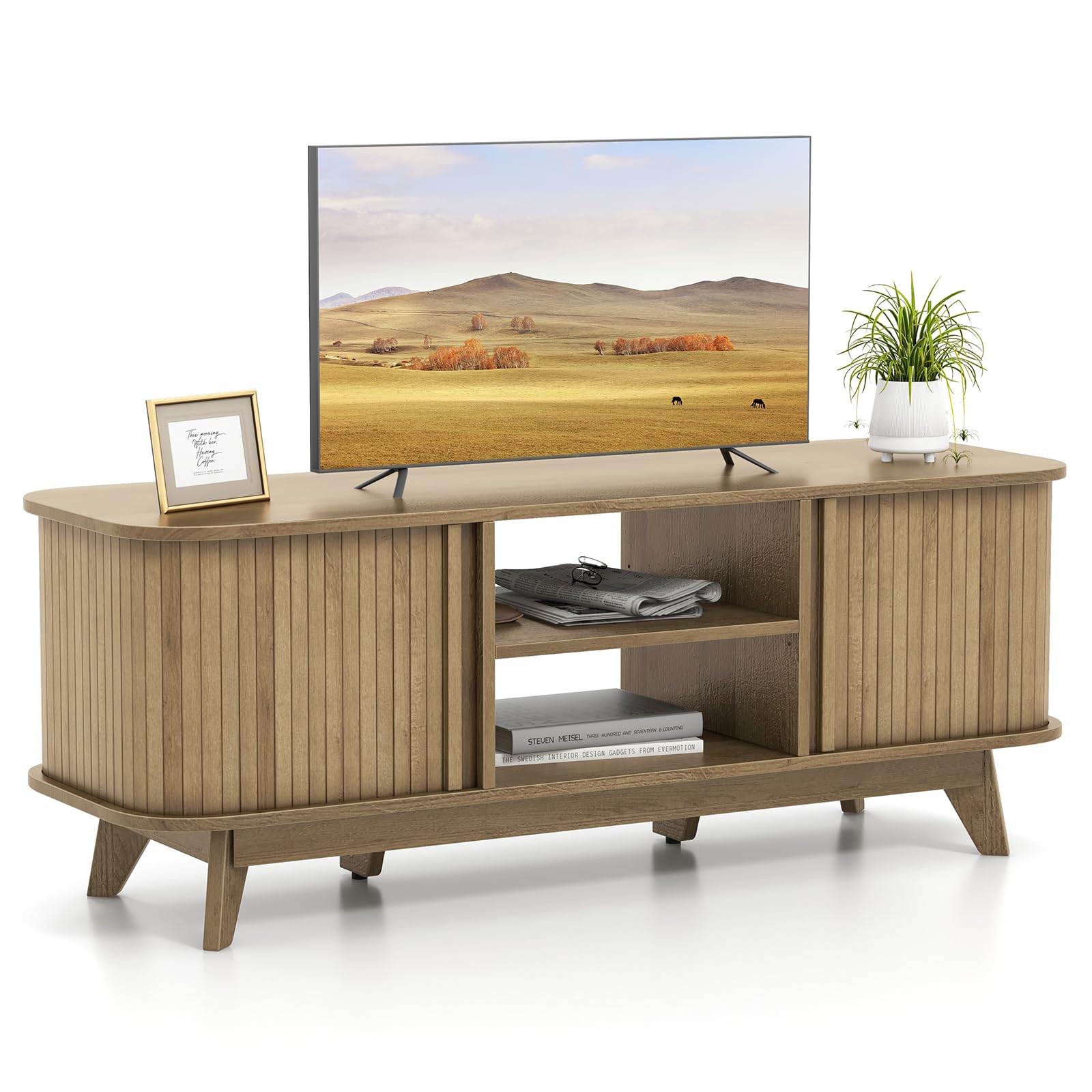 Meuble TV Tangkula avec portes coulissantes pour téléviseurs jusqu'à 55 pouces, console TV de style moderne du milieu du siècle (chêne)